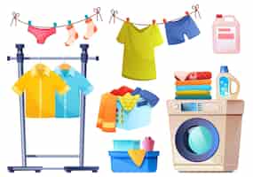 Vector gratuito equipo de lavandería para lavar y secar ropa conjunto de dibujos animados de detergente de cesta de lavadora en botellas en polvo y cuerda con ropa interior colgante y camisas aisladas en la pared blanca