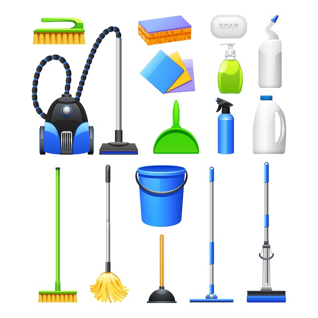 Vector gratuito equipo de limpieza y accesorios colección de iconos realistas con cepillos aspiradores.