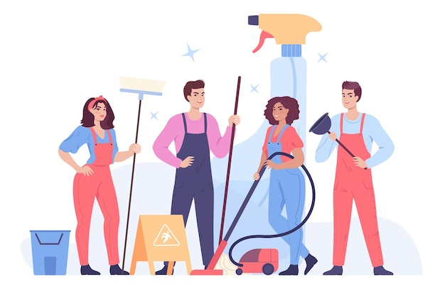 Vector gratuito equipo de limpieza con escobas y aspirador. hombre y mujer en uniforme con equipo profesional listo para trabajar juntos ilustración vectorial plana. servicio de limpieza, trabajo en equipo, concepto de ocupación.