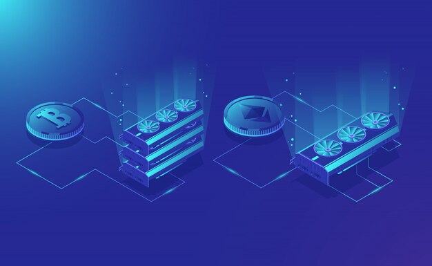 Equipo de minería criptomoneda, extracto de moneda digital etéreo isométrico
