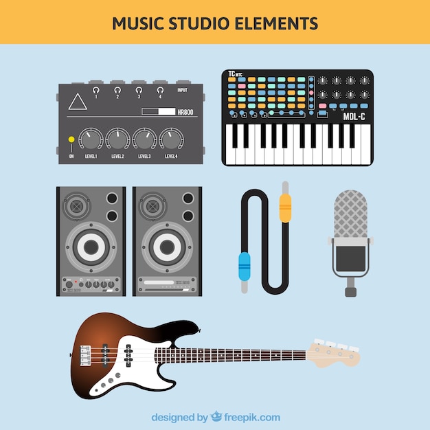 Vector gratuito equipo de música e instrumentos musicales en diseño plano