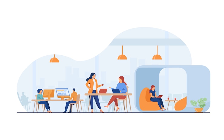 Vector gratuito equipo de negocios moderno que trabaja en espacios de oficina abiertos