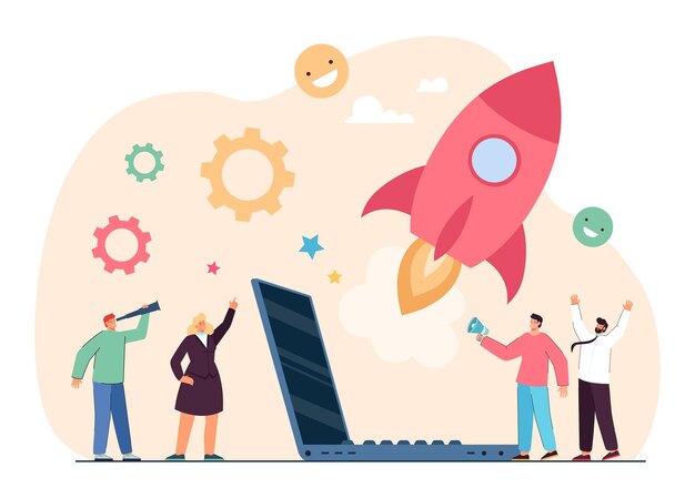 Equipo de pequeños empresarios lanzando cohetes juntos. Gente de la empresa con idea innovadora ilustración vectorial plana. Inicio, emprendimiento, concepto de desarrollo para banner o página web de inicio