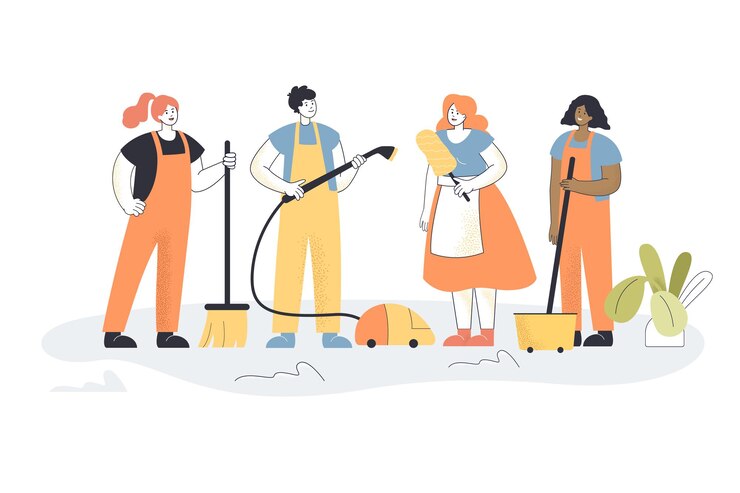 Vector gratuito equipo de personal de limpieza en apartamento