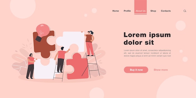 Vector gratuito equipo de personas diminutas que conectan la página de inicio de elementos de rompecabezas gigantes en estilo plano