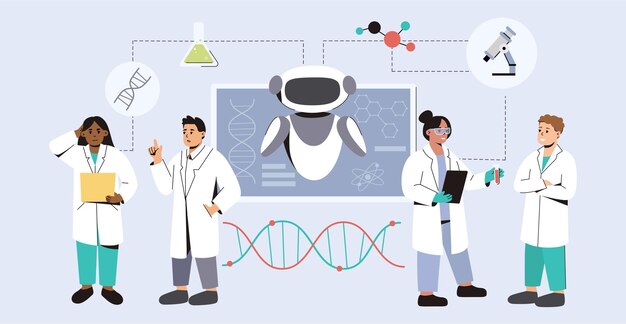 Equipo plano de científicos que utilizan IA en medicina