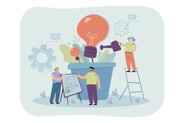 Equipo de planta de bombilla en crecimiento. Gente de negocios creando ideas para el cambio climático, medio ambiente, electricidad. Ilustración de dibujos animados