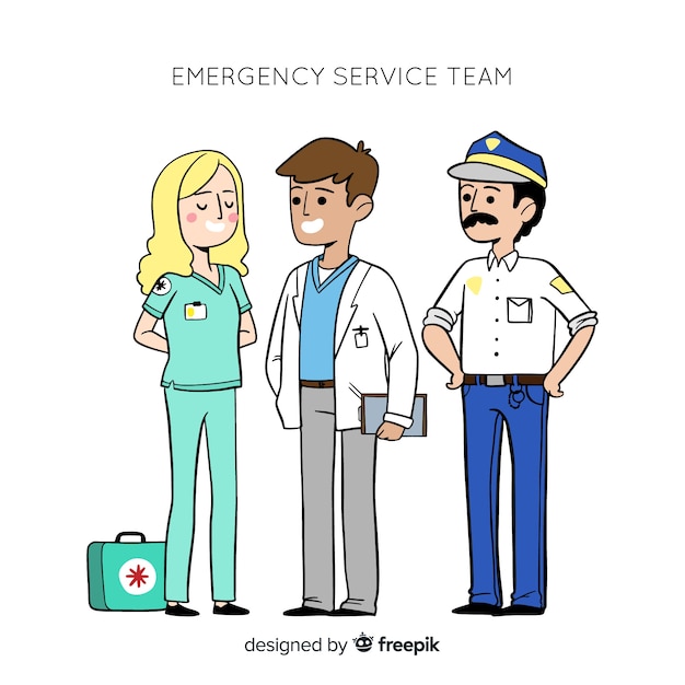 Equipo profesional de emergencia dibujado a mano