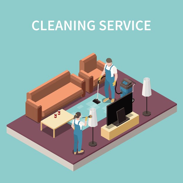 Equipo profesional de servicio de limpieza del hogar en el trabajo, aspiradoras, alfombra, polvo, lámpara de pie, pantalla, composición isométrica