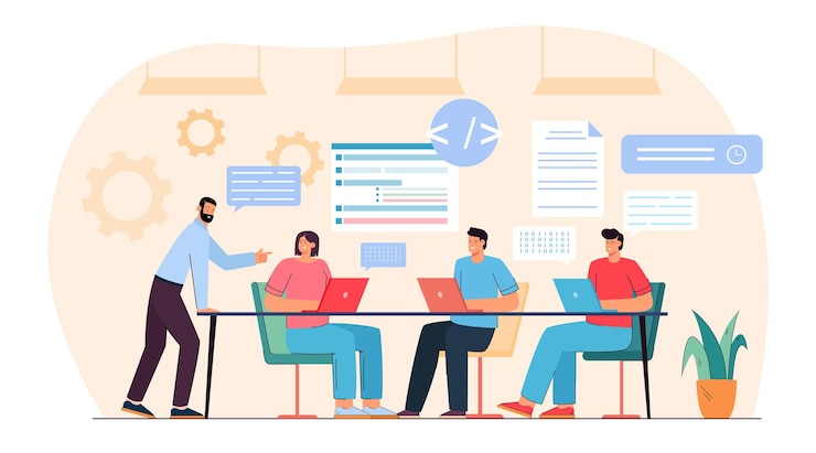 Vector gratuito equipo de programadores trabajando en código de programa con portátiles. trabajo en equipo de probadores y codificadores profesionales masculinos y femeninos ilustración vectorial plana. desarrollo de software, concepto de lección de programación