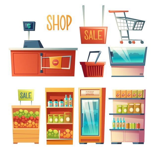 Equipo de la tienda de comestibles, conjunto de vector de dibujos animados muebles aislado sobre fondo blanco