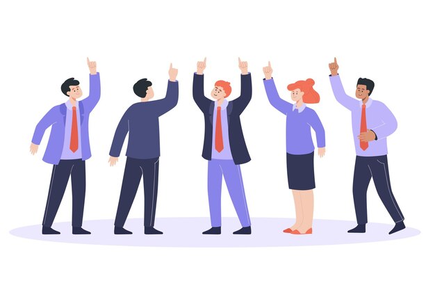 Equipo de trabajadores apuntando con el dedo hacia arriba. Grupo de socios comerciales levantando la mano juntos, personas con trajes de ilustración vectorial plana. Concepto de trabajo en equipo para banner, diseño de sitio web o página de inicio