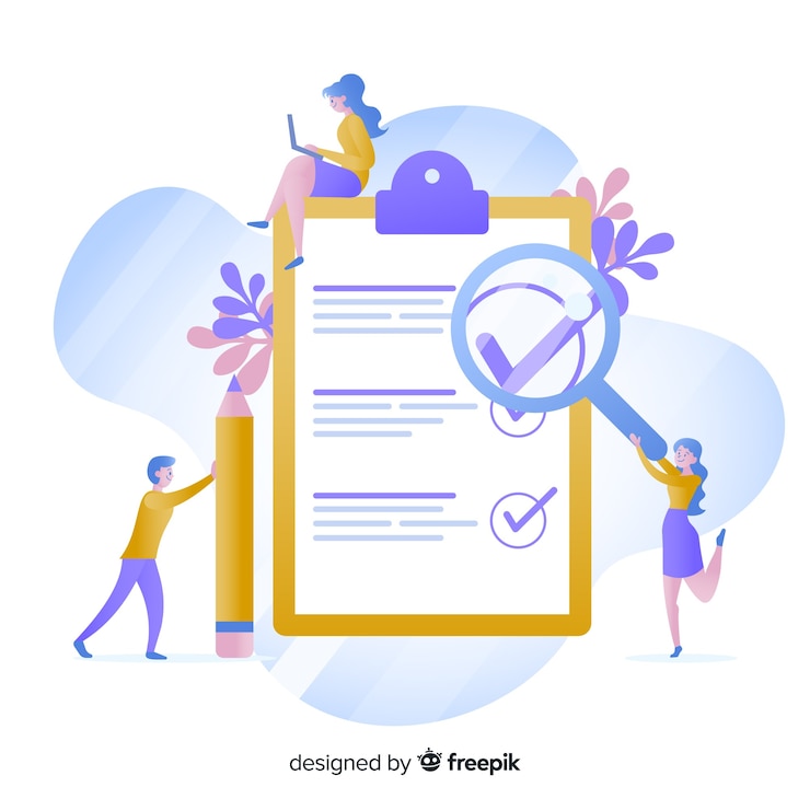 Vector gratuito equipo de trabajo revisando una lista de tareas gigante