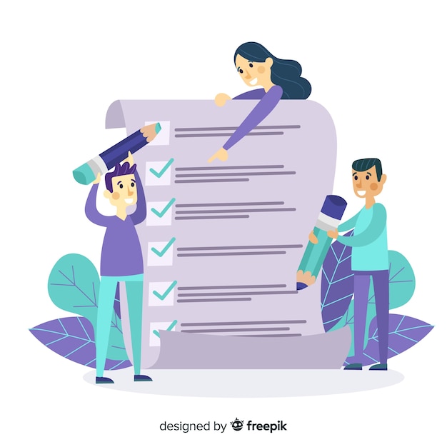 Equipo de trabajo revisando una lista de tareas gigante