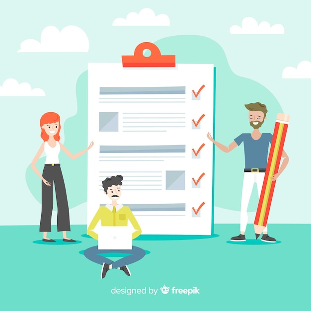 Equipo de trabajo revisando una lista de tareas gigante