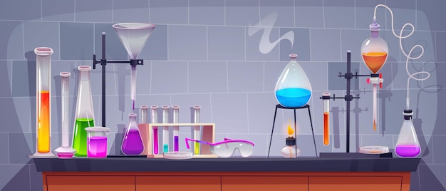 Equipo de vidrio en la mesa en el laboratorio durante un experimento de química Ilustración vectorial de vidrio con líquidos coloridos en el laboratorio de ciencias Frasco de prueba y vasos de investigación científica o médica