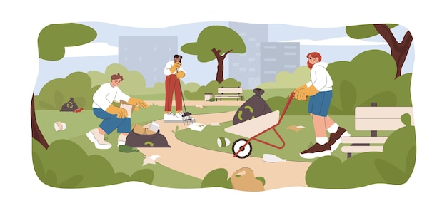 Equipo de voluntarios planos limpian el parque de la ciudad recogen basura Los jóvenes recogen basura juntos recogen basura en bolsas de basura de reciclaje Limpieza de residuos para reciclar Concepto de problemas ambientales