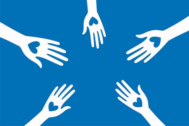 equipo de voluntarios uniendo la mano bandera con el amor vector de diseño del corazón