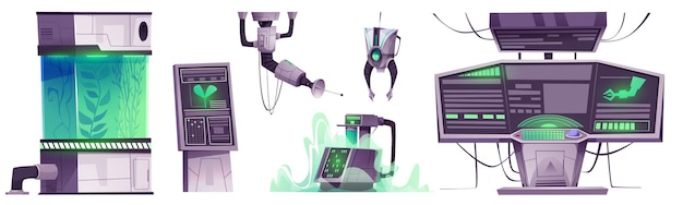 Equipos y maquinaria para laboratorios de investigación espacial elementos interiores de dibujos animados para experimentos científicos en computadoras y monitores de naves espaciales con gráficos robots y plantas en cápsula con líquido