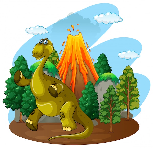 Vector gratuito erupción de dinosaurios y volcanes.