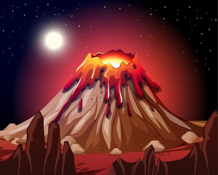 Vector gratuito erupción del volcán en la escena de la naturaleza por la noche.
