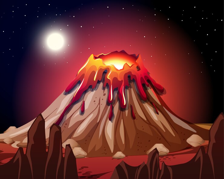 Vector gratuito erupción del volcán en la escena de la naturaleza por la noche.