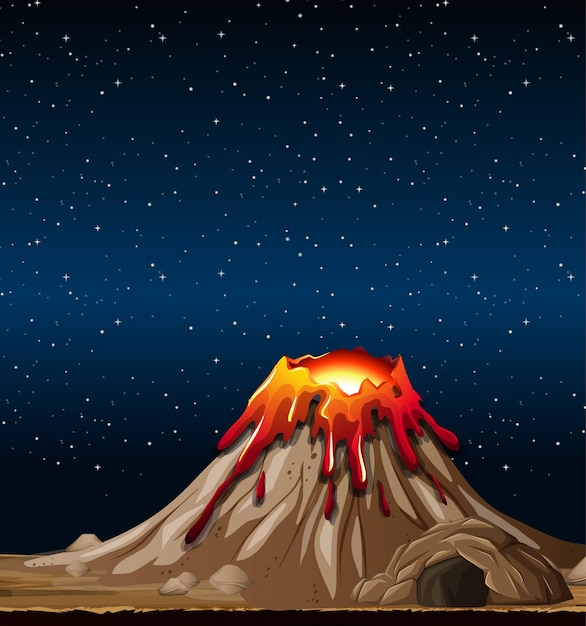 Vector gratuito erupción del volcán en la escena de la naturaleza por la noche.