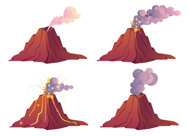 Erupción volcánica etapas volcán en erupción con fuego de lava caliente y nubes de humo