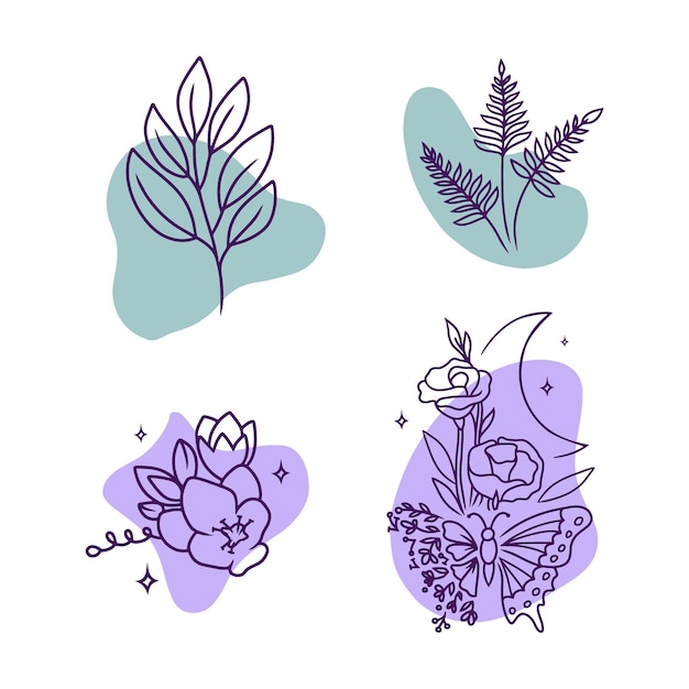 Este es un collage de arte lineal con flores, mariposas y la luna El diseño mágico del garabato del tatuaje del logotipo