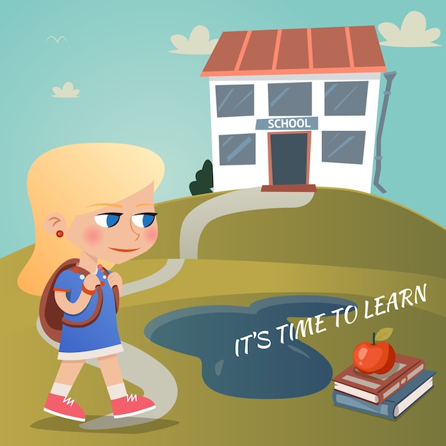 Vector gratuito es hora de aprender la ilustración vectorial con una niña que lleva una mochila caminando por un camino sinuoso hacia una colina en la cima de una colina con texto y una manzana en libros de texto