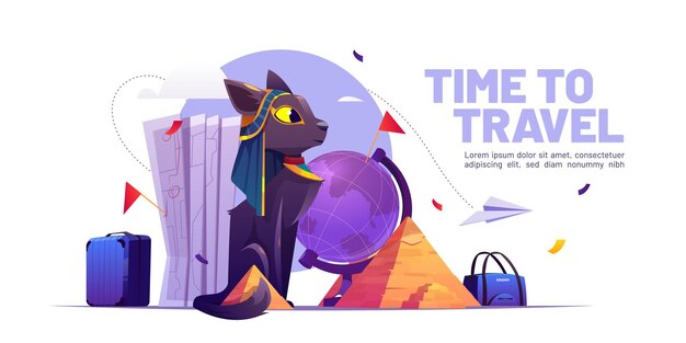 Es hora de viajar banner de dibujos animados con gato de Egipto.