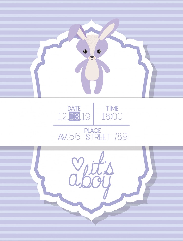 Vector gratuito es una tarjeta de baby shower de bebé con conejo relleno.