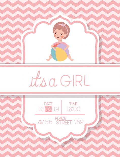 Es una tarjeta de baby shower de niña con niño y globo de plástico.
