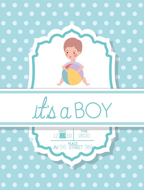 Es una tarjeta de baby shower de niño con globo infantil y plástico.