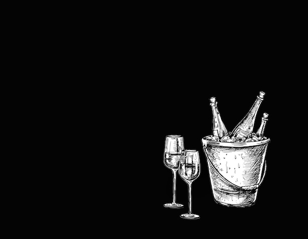 Esbozo de botella de vino vaso de vino Esbozo dibujado a mano Ilustración vectorial