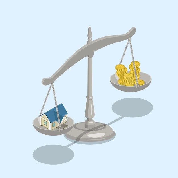 Escalas de valor de venta de hipotecas inmobiliarias isométricas planas