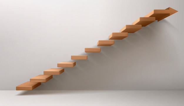 Escalera marrón y signo de flecha en lugar del escalón superior