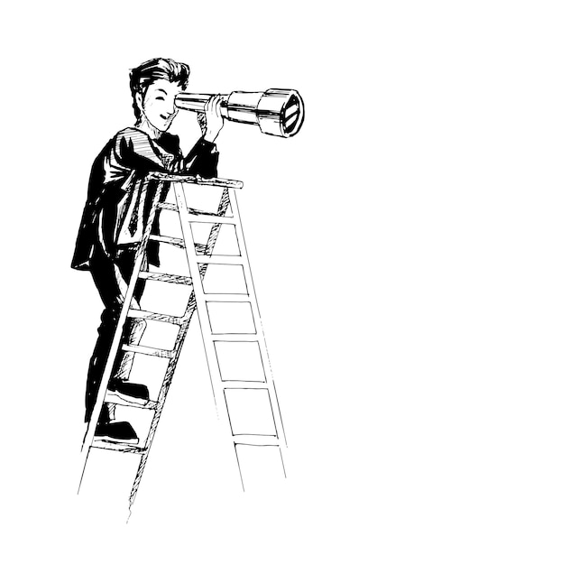 Escalera de la visión del éxito para liderar el negocio para lograr una meta u oportunidad en el concepto de carrera Hombre mirando a través del telescopio en la parte superior de la escalera