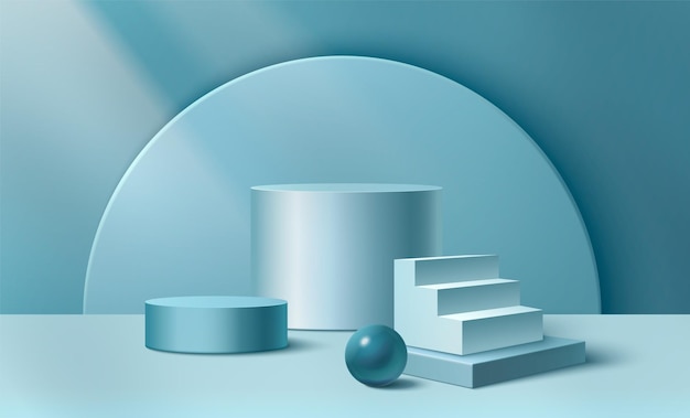 Escaleras 3D y podios cilíndricos sobre fondo azul