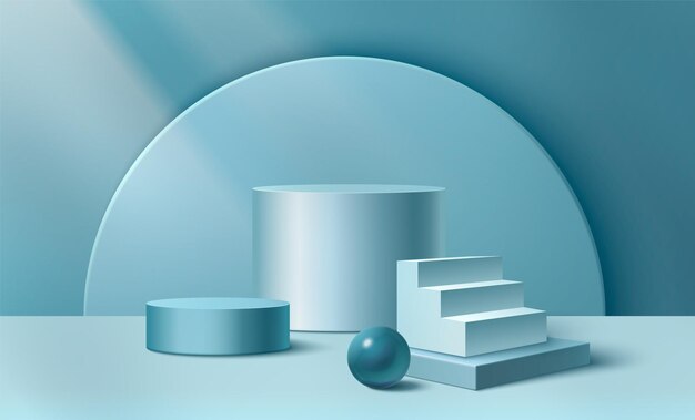 Escaleras 3D y podios cilíndricos sobre fondo azul