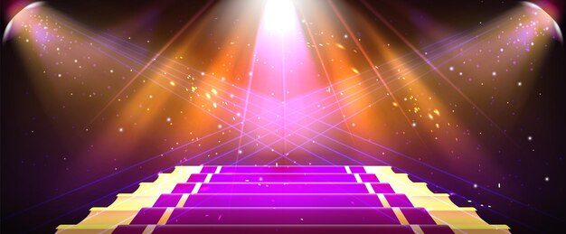 Escaleras del escenario del concierto con focos y confeti