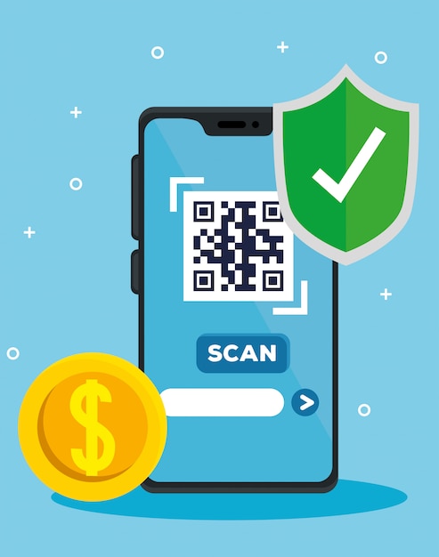 Vector gratuito escanee el código qr con un diseño de ilustración de teléfono inteligente y moneda