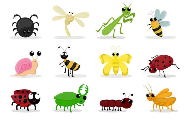 Vector gratuito escarabajo de dibujos animados divertidos bichos sonrientes niños escarabajos insectos felices mariquita y larva de oruga mundo forestal salvaje ilustración vectorial