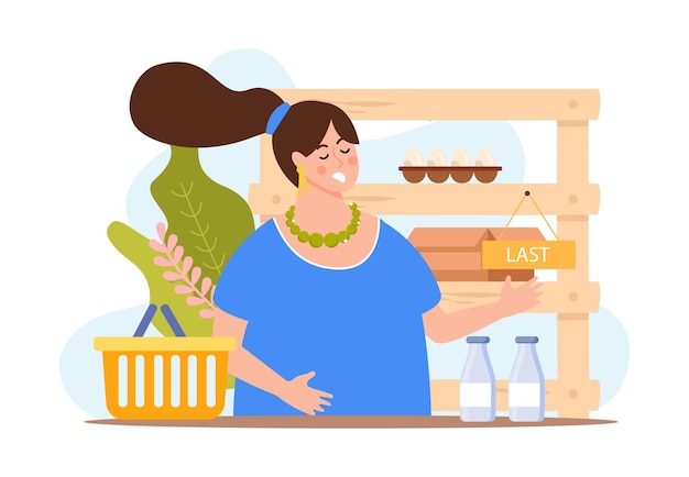 Vector gratuito escasez de composición plana de bienes con personaje femenino de garabato en la tienda de comestibles tomando la última ilustración de vector de botella de leche