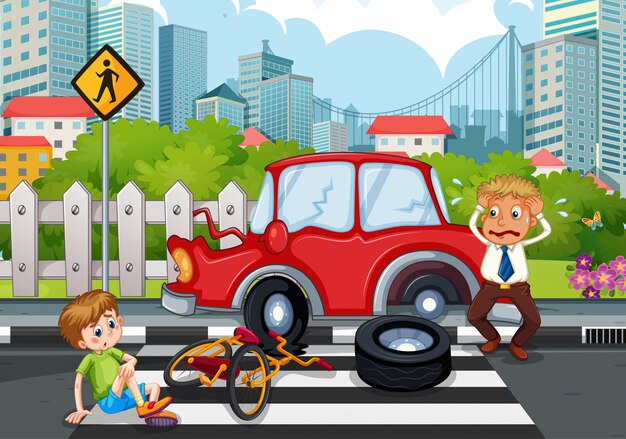 Escena del accidente con accidente automovilístico en la ciudad