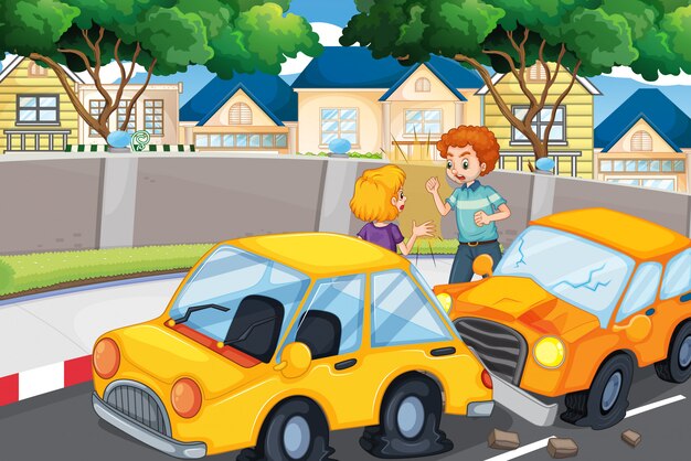 Escena del accidente con personas y accidente automovilístico