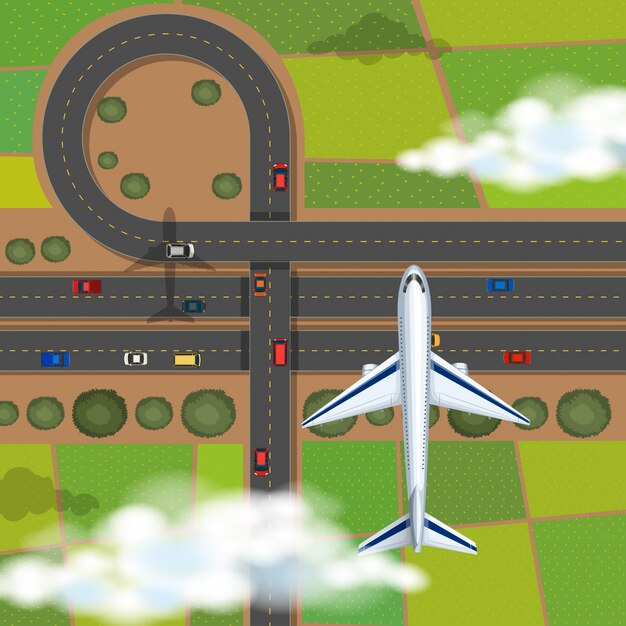 Escena aérea con avión volando en el cielo.
