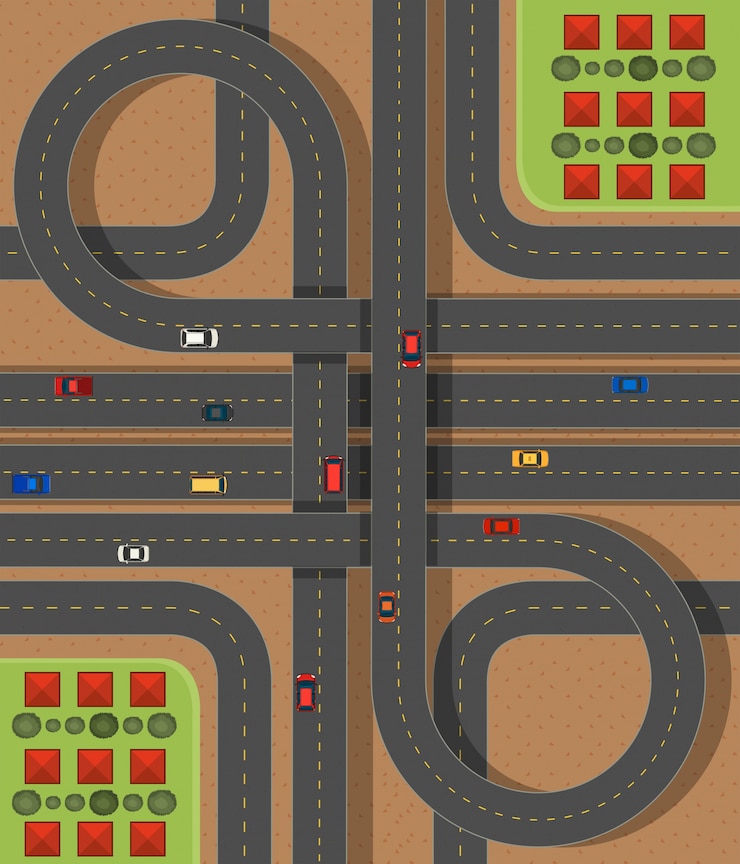 Vector gratuito escena aérea con carreteras y coches