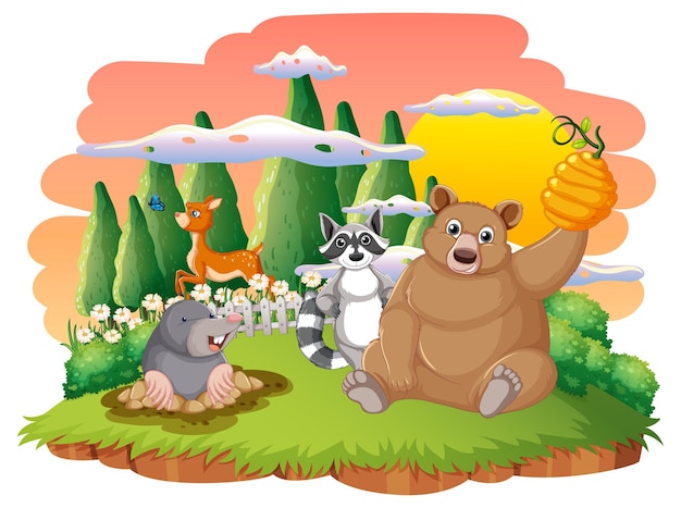 Escena aislada con diferentes animales lindos