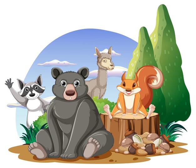 Escena aislada con diferentes animales lindos